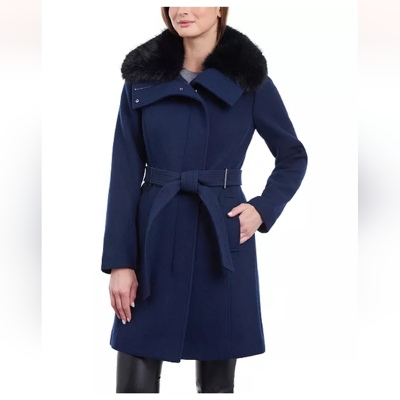 Michael Kors Women's Wool Blend Belted Coat Midnight Size Large (EUC)